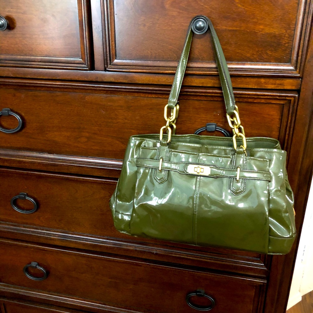 Coach olive green patent leather satchel